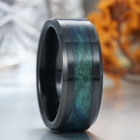 Beveled Edge Teal Quicksand Tungsten Ring Blue And Green Sand Men's Anniversary Band