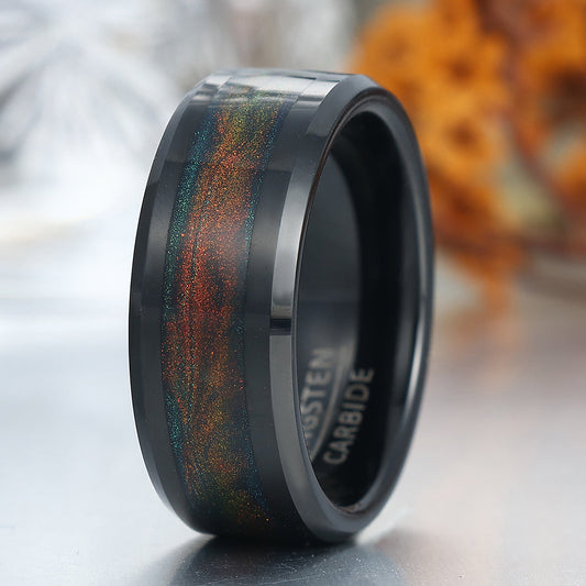 Galaxy Orange Blue Quicksand Inlay Tungsten Men's Ring Unique Unisex Ring