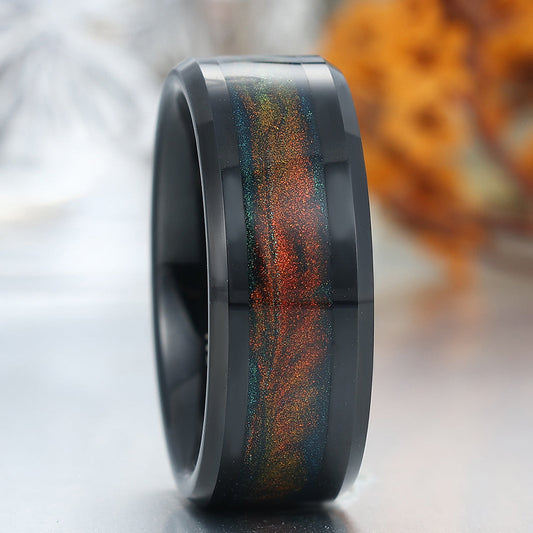 Galaxy Orange Blue Quicksand Inlay Tungsten Men's Ring Unique Unisex Ring