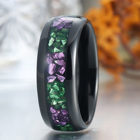 8mm Polished Dome Tungsten Men's Band Purple Amethyst Emerald Anniversary Ring