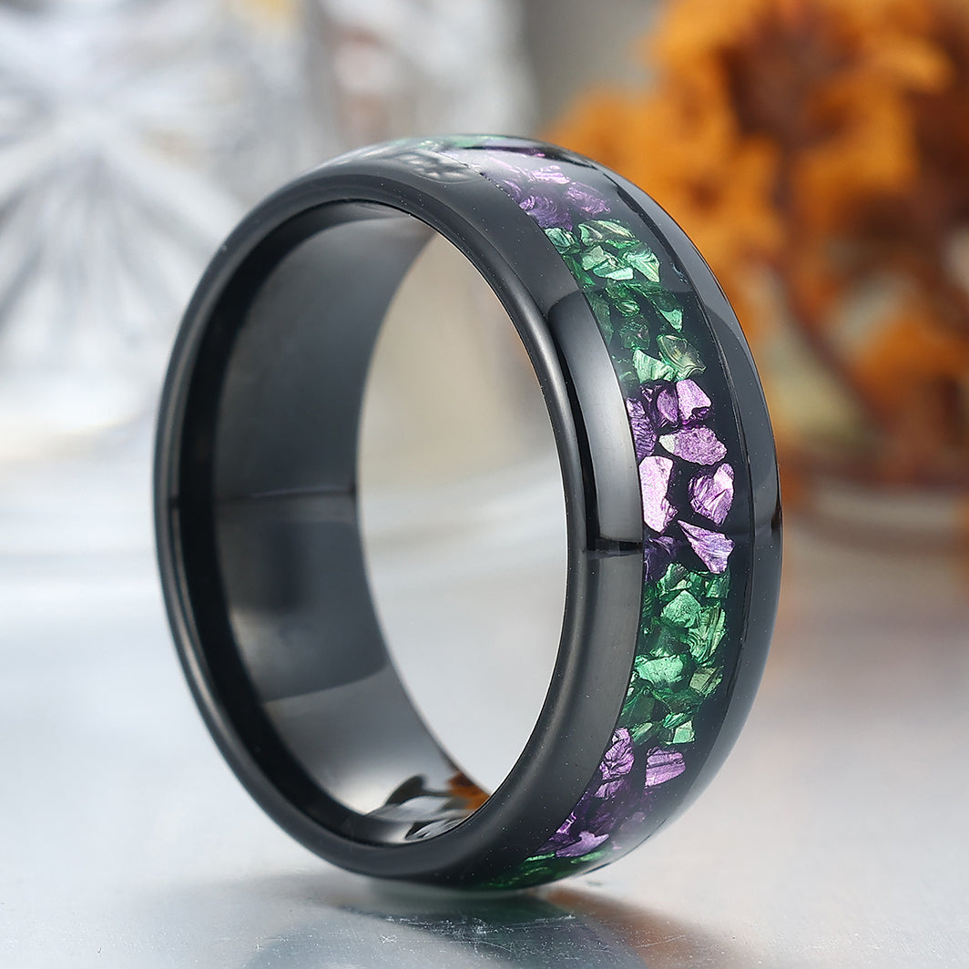 8mm Polished Dome Tungsten Men's Band Purple Amethyst Emerald Anniversary Ring