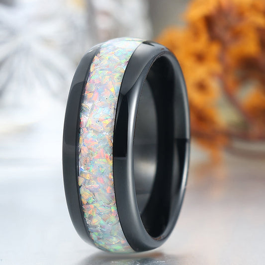Man White Opal Tungsten Wedding Band Black Plated Birthday Anniversary Ring