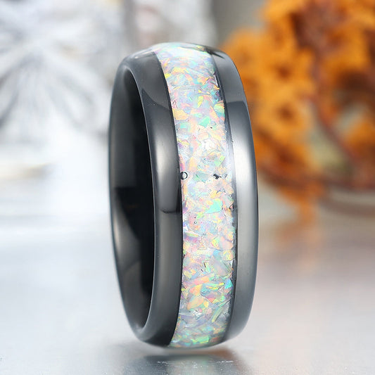Man White Opal Tungsten Wedding Band Black Plated Birthday Anniversary Ring