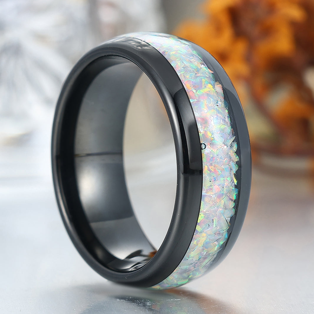 Man White Opal Tungsten Wedding Band Black Plated Birthday Anniversary Ring
