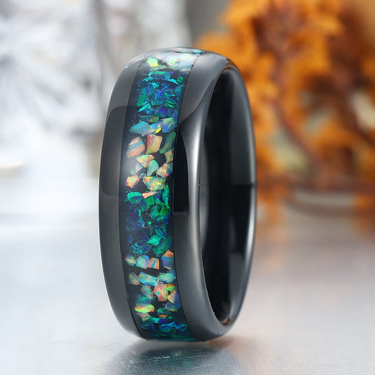 Polished Dome Peacock Green Opal And White Opal Inlay Men's Tunsten Ring Unisex Birthday Band