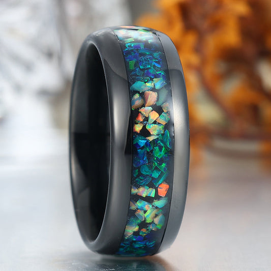 Polished Dome Peacock Green Opal And White Opal Inlay Men's Tunsten Ring Unisex Birthday Band