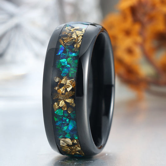 Crushed Citrine Peacock Green Opal Dome Tungsten Promise Ring For Men and Women