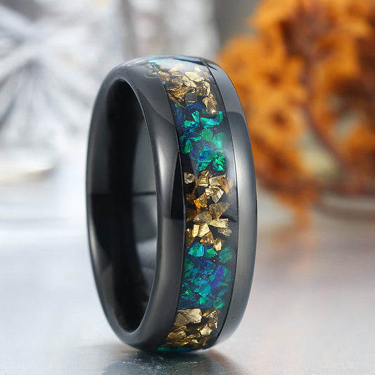 Crushed Citrine Peacock Green Opal Dome Tungsten Promise Ring For Men and Women