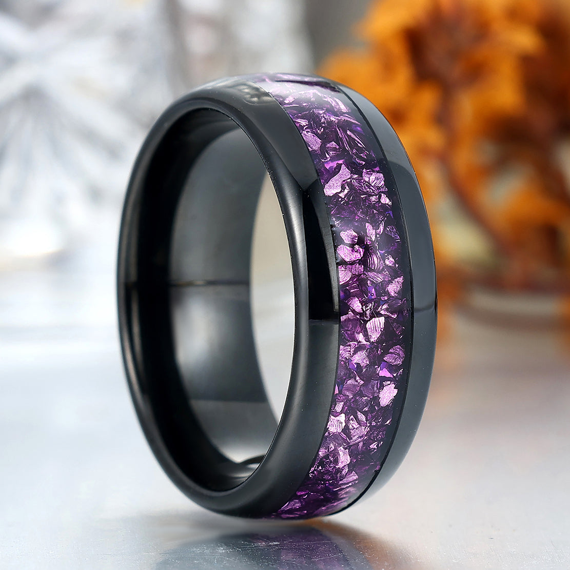 8mm Natural Amethyst Inlay Men's Anniversary Ring Wide Band For Men and Women