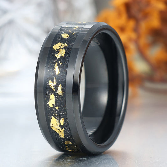 Balck Beveled Edge Gold Foils Inlay Tungsten Men's Band Unisex Anniversary Ring