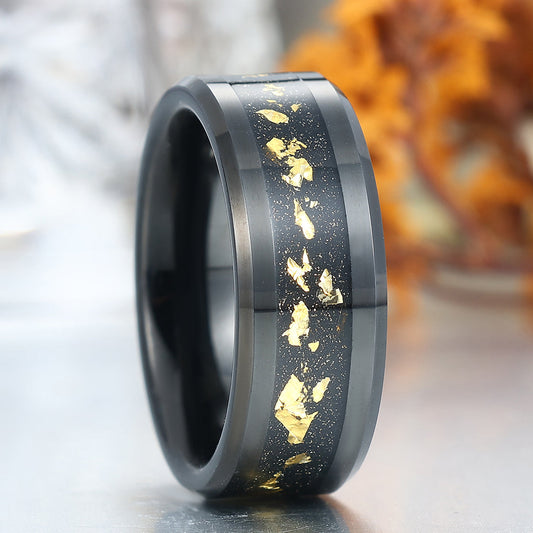 Balck Beveled Edge Gold Foils Inlay Tungsten Men's Band Unisex Anniversary Ring