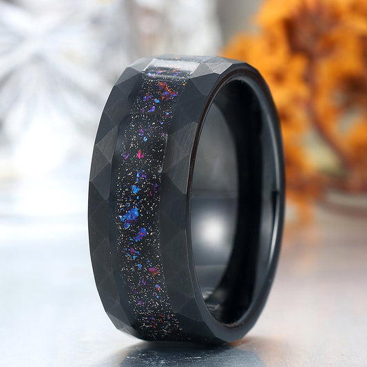 Crushed Meteorites and Blue Opal Tungsten Band 8mm Balck Plated Men's Anniversary Ring