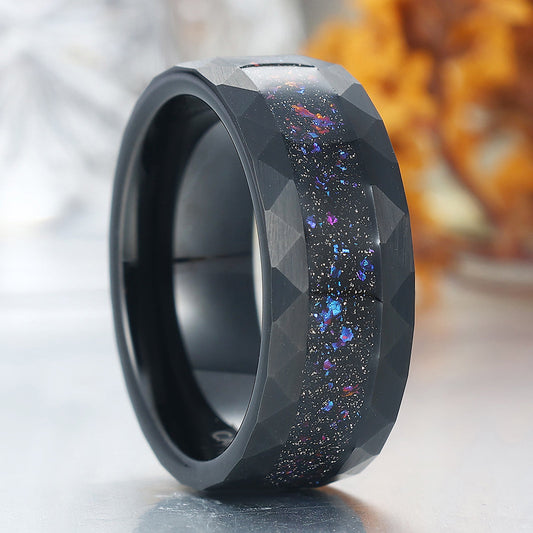 Crushed Meteorites and Blue Opal Tungsten Band 8mm Balck Plated Men's Anniversary Ring