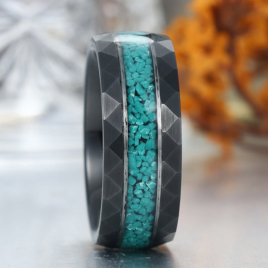 Men's Moss Agate Hammered Tungsten Ring Comfort Fit Promise Ring For Men and Women