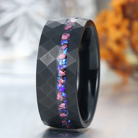 Hammered Rhombus Blue Sandstone Amethyst Inlay Tungsten Men's Ring Promise Birthday Ring