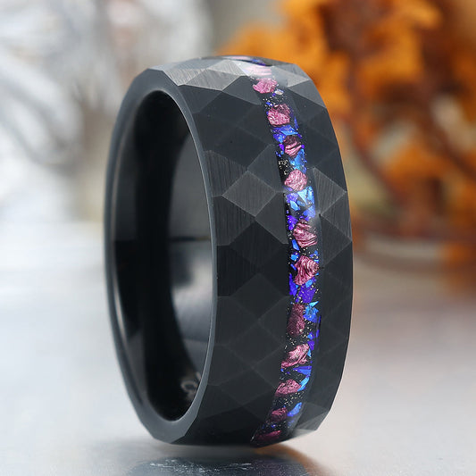 Hammered Rhombus Blue Sandstone Amethyst Inlay Tungsten Men's Ring Promise Birthday Ring