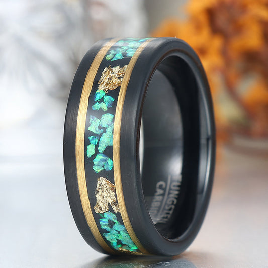 Wire Drawed Blue Green Red Opal and Gold Foils Tungsten Ring Men's Anniversary Ring