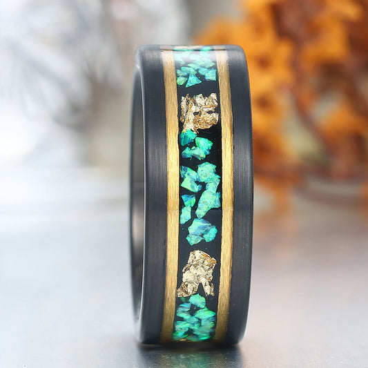 Wire Drawed Blue Green Red Opal and Gold Foils Tungsten Ring Men's Anniversary Ring
