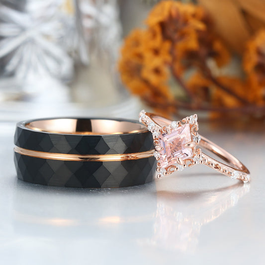 Unique Pink Morganite Engagement Promise Rings For Couples Rose Gold Plated Matching Marriage Rings