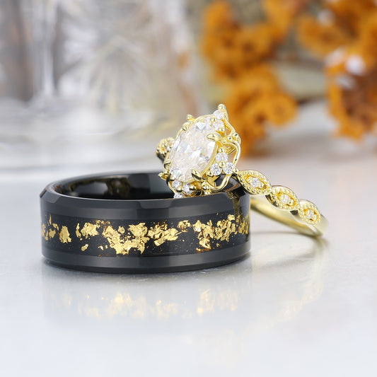 Antique Moissanite Engagement Floral Prongs Couples Ring Set 925 Sterling Silver And Tungsten Ring Set