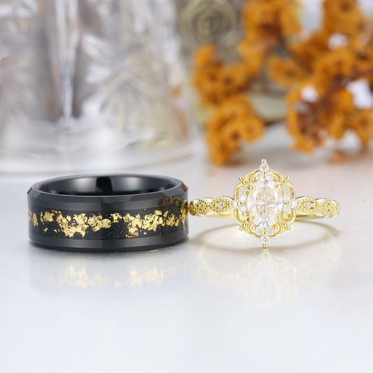 Antique Moissanite Engagement Floral Prongs Couples Ring Set 925 Sterling Silver And Tungsten Ring Set