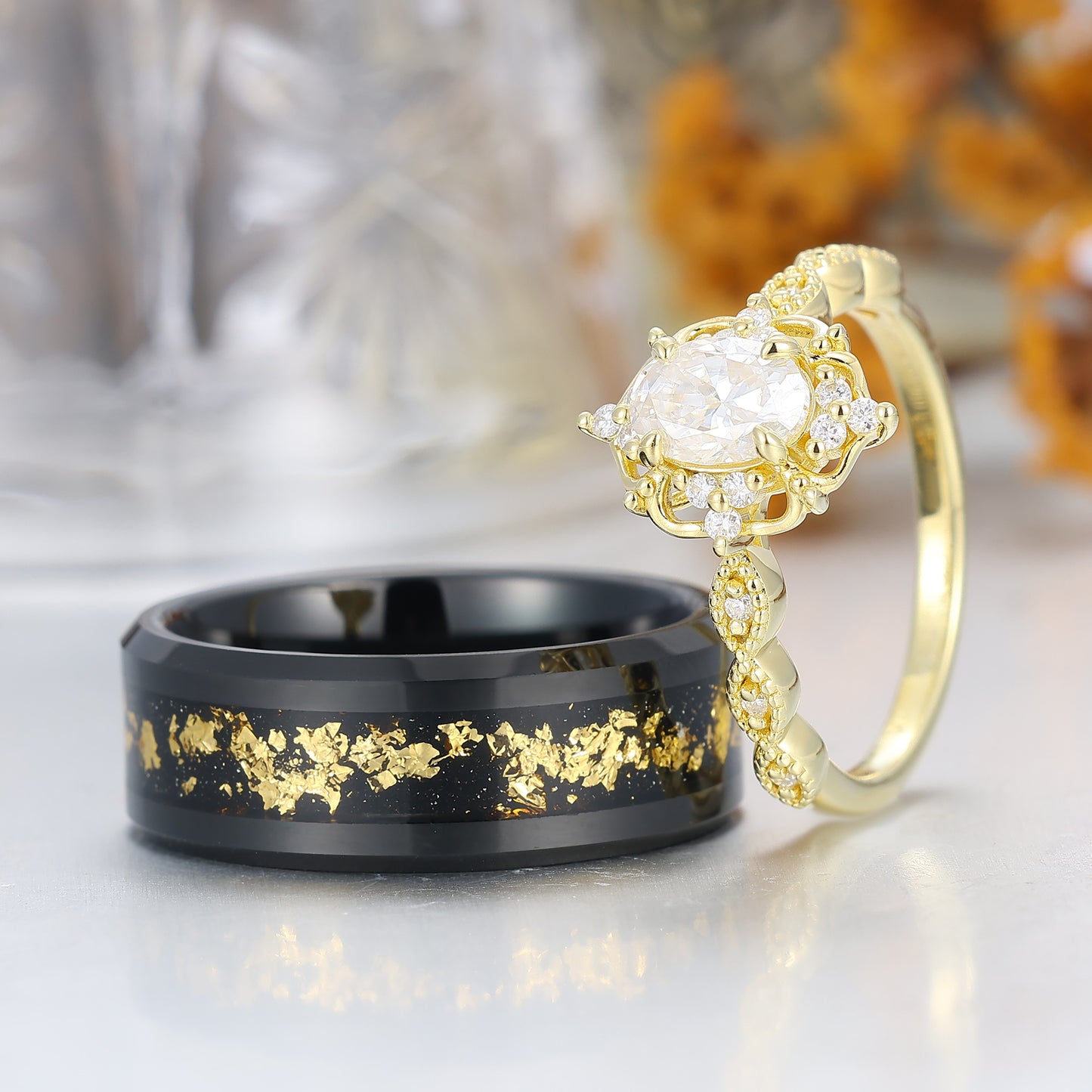 Antique Moissanite Engagement Floral Prongs Couples Ring Set 925 Sterling Silver And Tungsten Ring Set