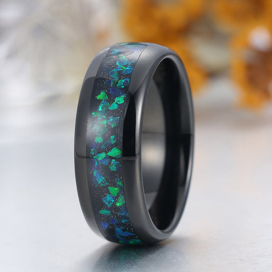 Peacock Green Opal Inlay Tungsten Carbide Ring Black Plated Men's Wedding Band Blue Green Ring