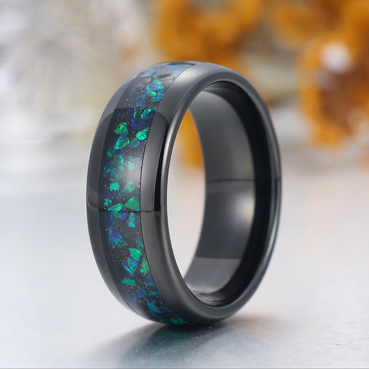 Peacock Green Opal Inlay Tungsten Carbide Ring Black Plated Men's Wedding Band Blue Green Ring
