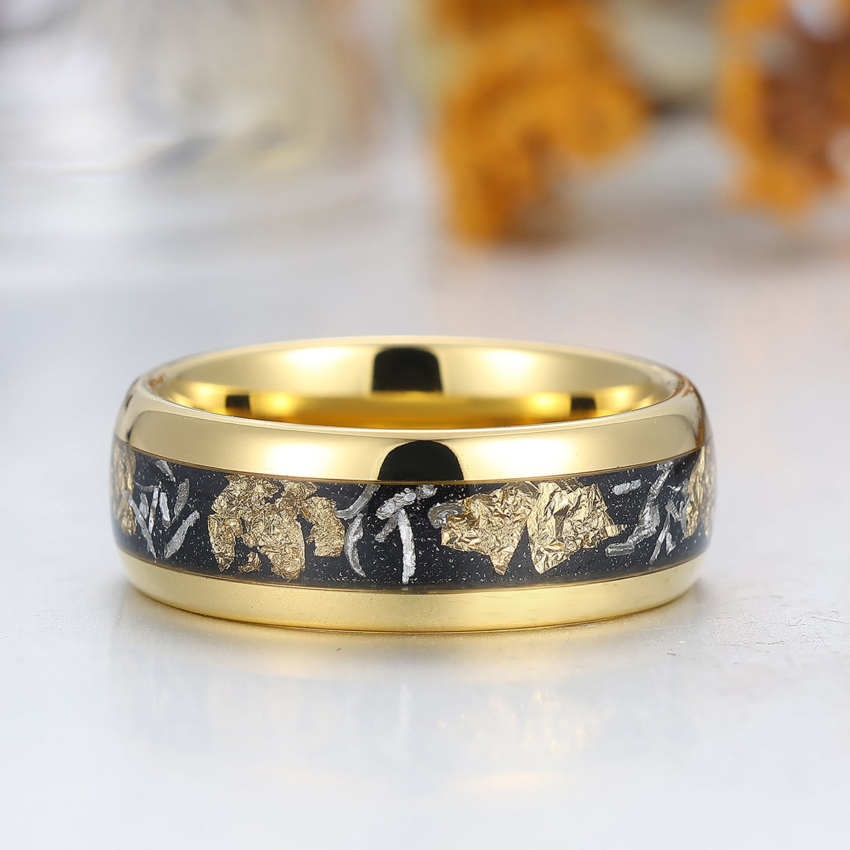 Meteorite Gold Foil Inlay Tungsten Male Ring Yellow Gold Polished Dome Men's Tungsten Wedding Band
