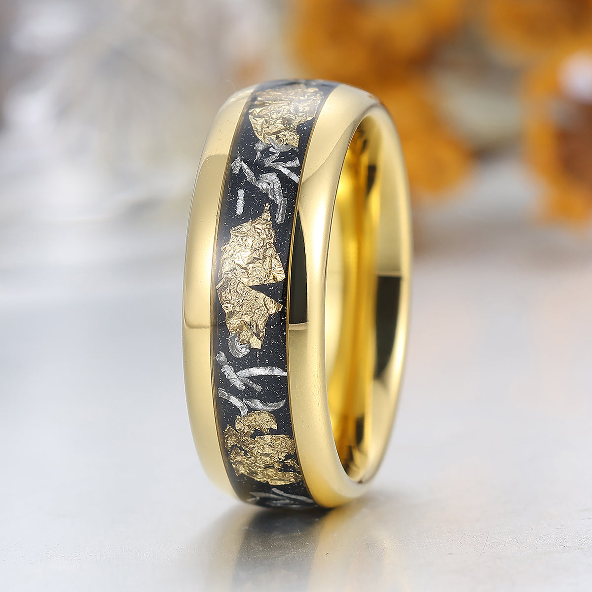 Meteorite Gold Foil Inlay Tungsten Male Ring Yellow Gold Polished Dome Men's Tungsten Wedding Band