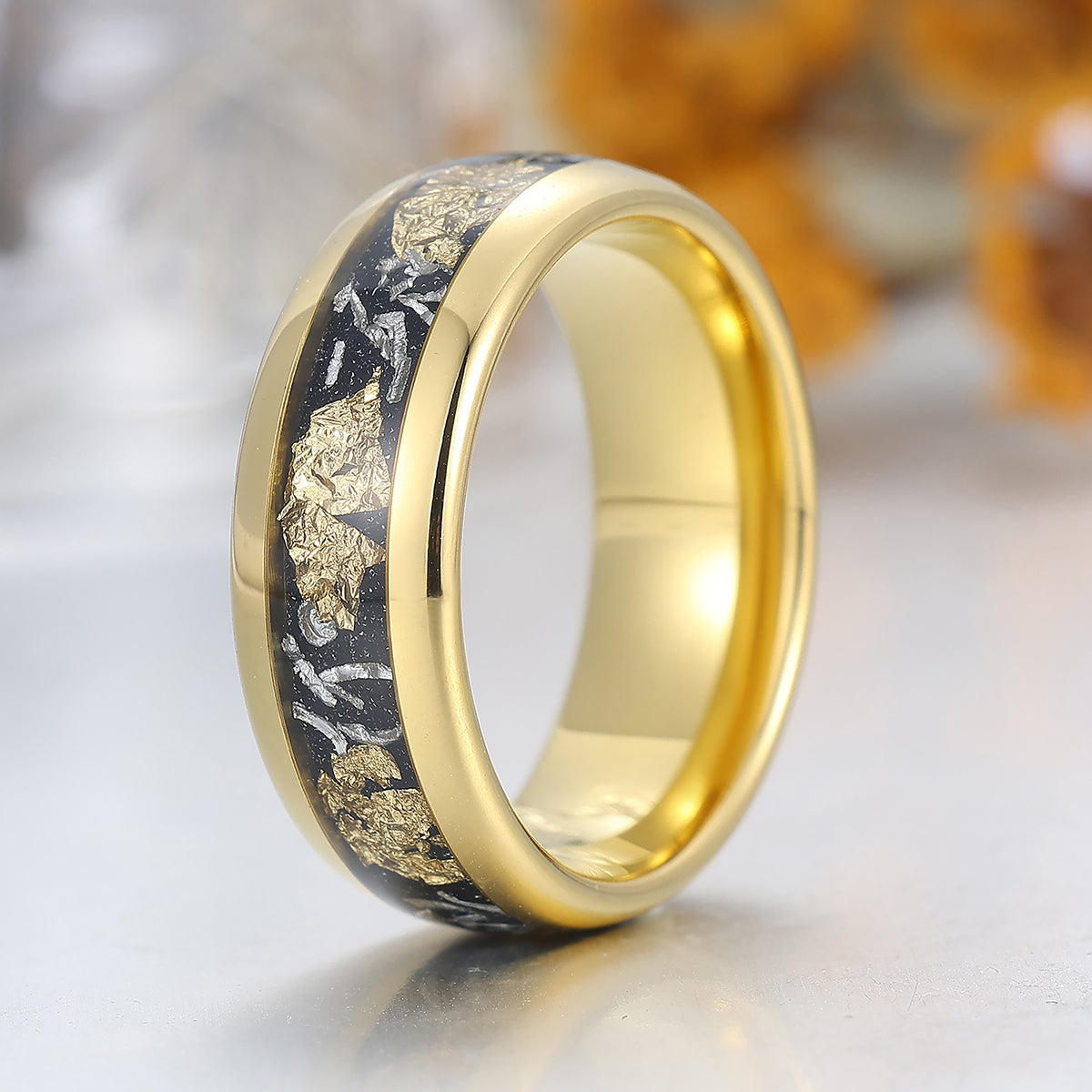 Meteorite Gold Foil Inlay Tungsten Male Ring Yellow Gold Polished Dome Men's Tungsten Wedding Band