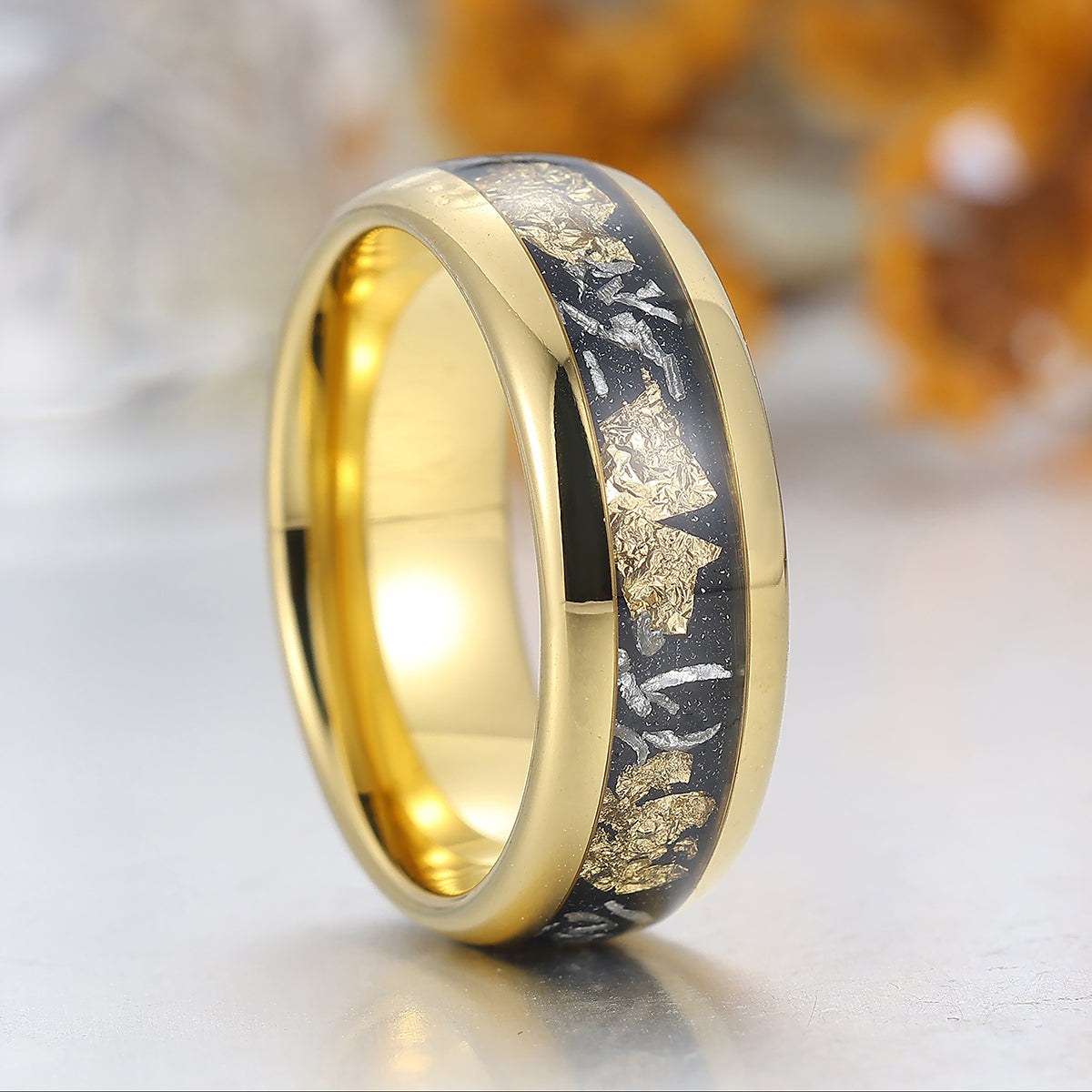 Meteorite Gold Foil Inlay Tungsten Male Ring Yellow Gold Polished Dome Men's Tungsten Wedding Band