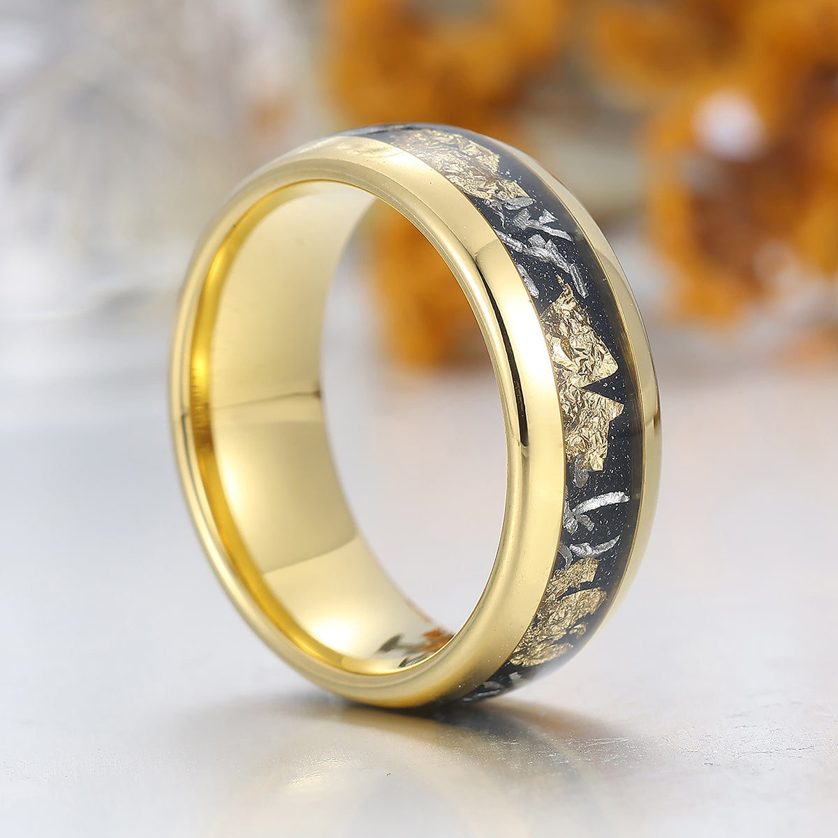 Meteorite Gold Foil Inlay Tungsten Male Ring Yellow Gold Polished Dome Men's Tungsten Wedding Band