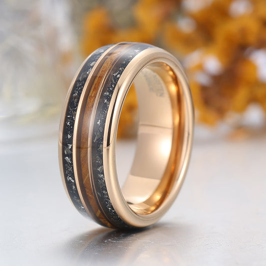Crushed Black Meteorite and Wood Strips Inlay Tungsten Ring Men's Wedding Band For Him