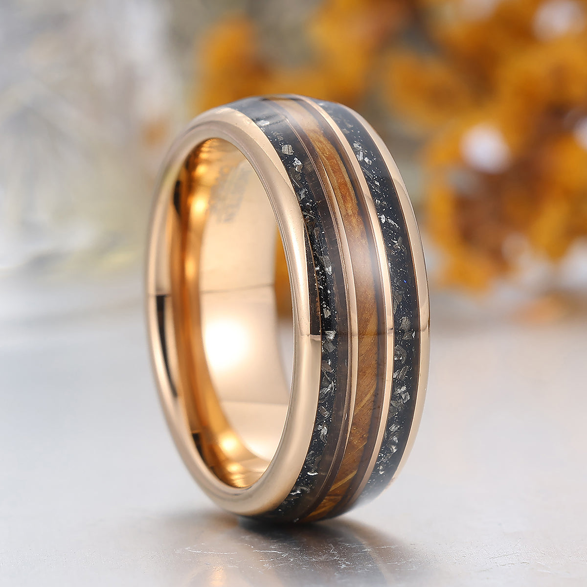 Crushed Black Meteorite and Wood Strips Inlay Tungsten Ring Men's Wedding Band For Him