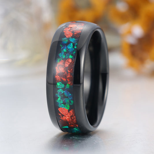 Ruby And Peacock Green Opal Tungsten Ring Polished Dome Black Men's Tungsten Ring
