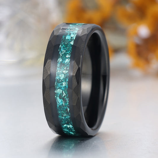 Crushed Blue Aquamarine Hammered Tungsten Ring Comfort Fit Mens Ring Black Tungsten Ring