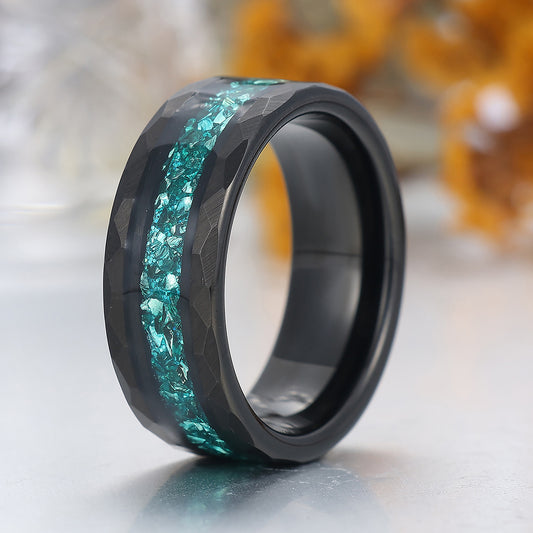 Crushed Blue Aquamarine Hammered Tungsten Ring Comfort Fit Mens Ring Black Tungsten Ring
