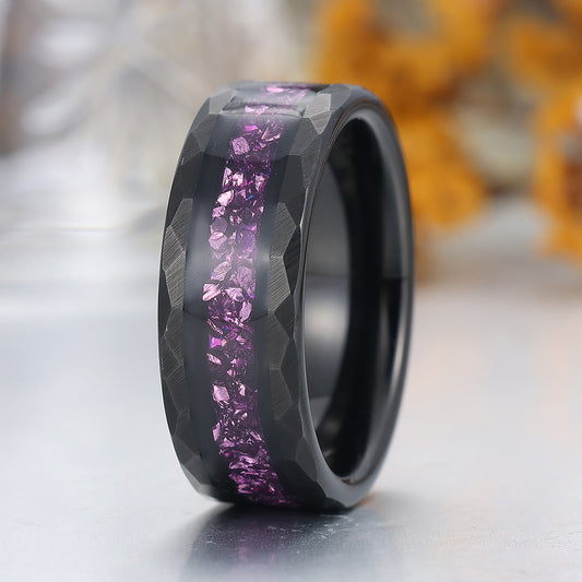 Personalized Purple Amethyst Mens Tungsten Ring 8mm Hammered Black Purple Unisex Ring