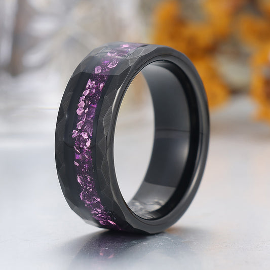 Personalized Purple Amethyst Mens Tungsten Ring 8mm Hammered Black Purple Unisex Ring