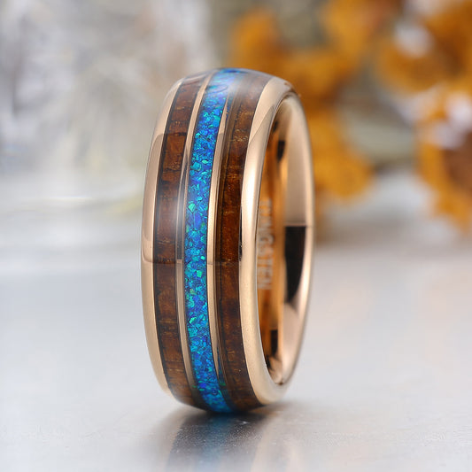 Wooden And Blue Opal Inlay Tungsten Ring Rose Gold Polished Dome Men's Wedding Band