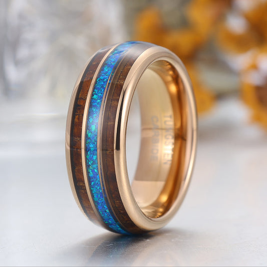 Wooden And Blue Opal Inlay Tungsten Ring Rose Gold Polished Dome Men's Wedding Band