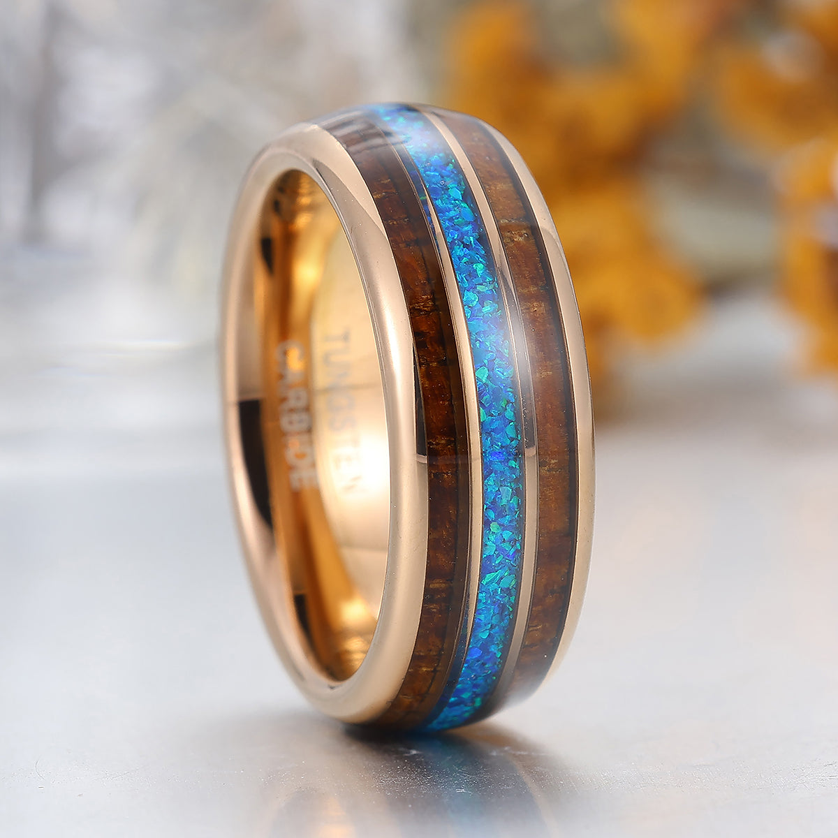 Wooden And Blue Opal Inlay Tungsten Ring Rose Gold Polished Dome Men's Wedding Band