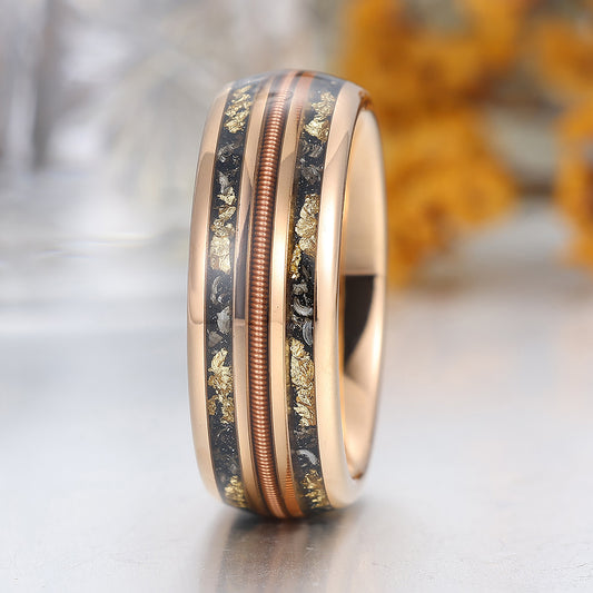 Black Meteorites Gold Foils Men' s Unisex Ring Scratch-Resistan Tungsten Poloshed Dome Ring