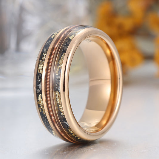 Black Meteorites Gold Foils Men' s Unisex Ring Scratch-Resistan Tungsten Poloshed Dome Ring