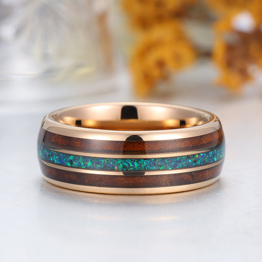 Peacock Blue Opal Wooden Tungsten Wedding Band Rose Gold Men's Tungsten Ring
