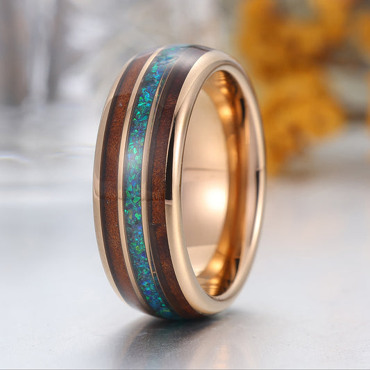 Peacock Blue Opal Wooden Tungsten Wedding Band Rose Gold Men's Tungsten Ring