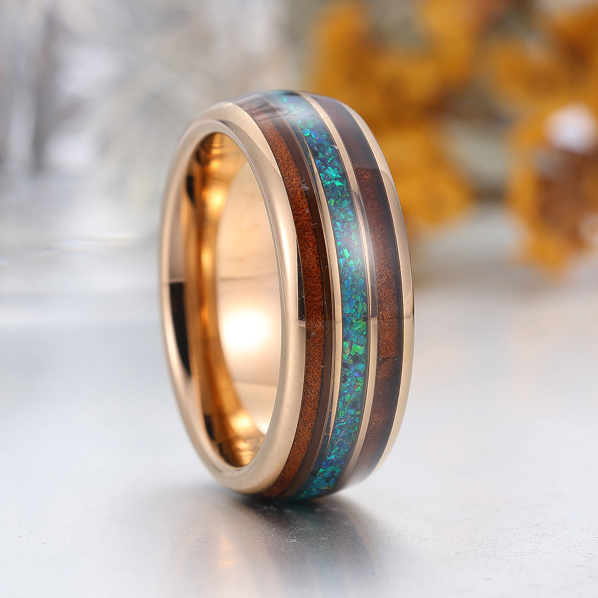 Peacock Blue Opal Wooden Tungsten Wedding Band Rose Gold Men's Tungsten Ring