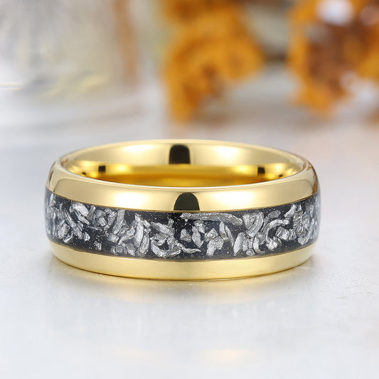 Crushed Black Meteorite Tungsten Comfort Fit Ring Yellow Gold Polished Dome Men's Ring