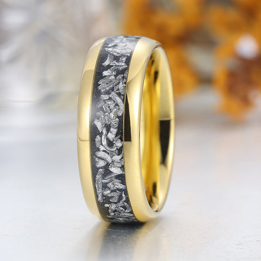 Crushed Black Meteorite Tungsten Comfort Fit Ring Yellow Gold Polished Dome Men's Ring